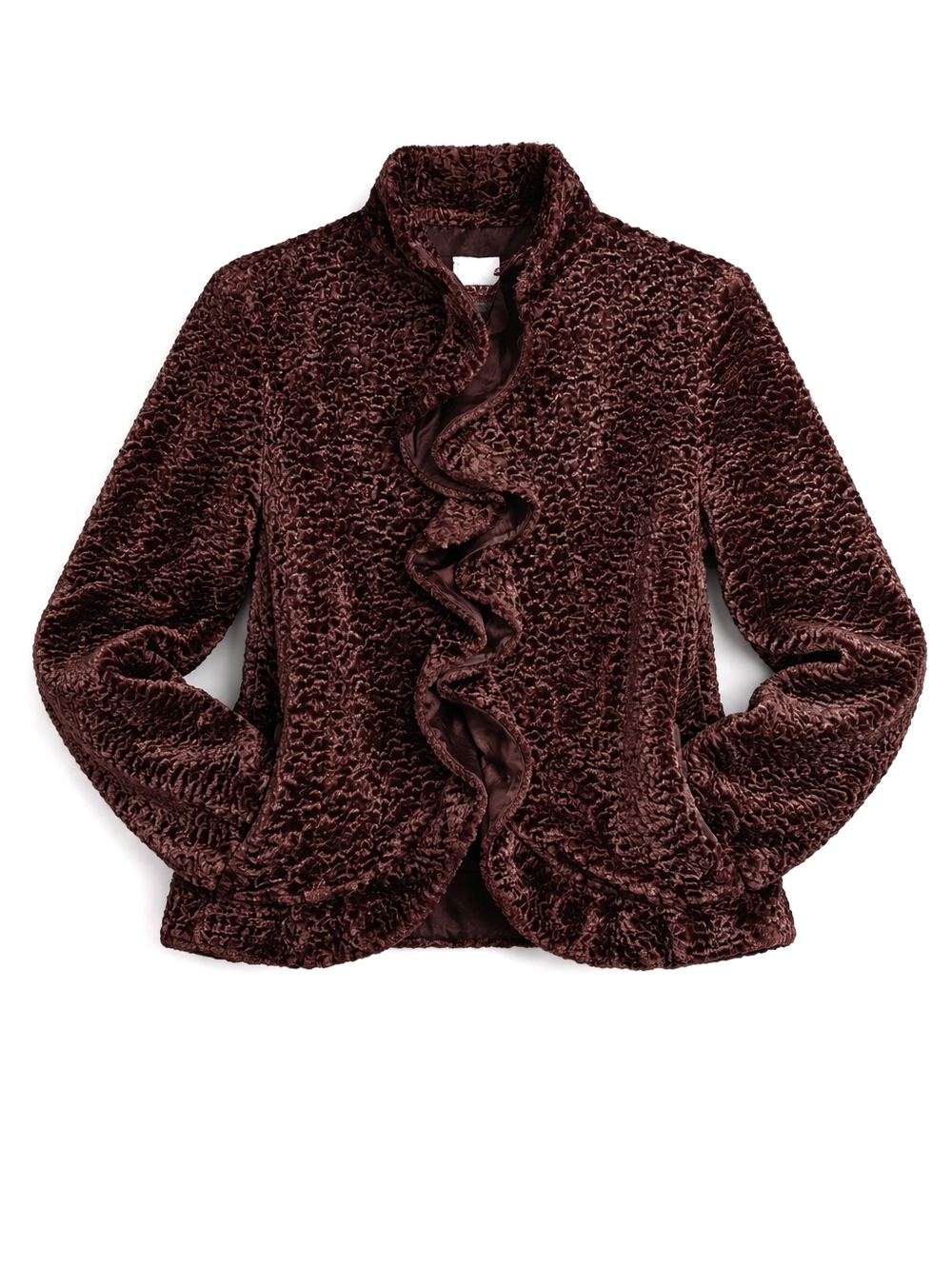 Hi Gorgeous Swirled Boucle Pile Faux Fur Chocolate Brown Ruffle Front Y2K Jacket